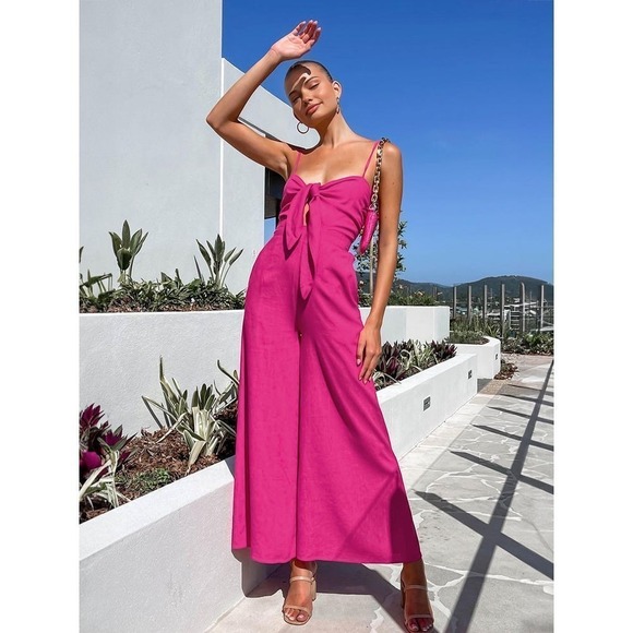 Commense Pants - Commense Pink‎ Tie-Front Jumpsuit Wide Leg Sleeveless Casual Cotton Twist XS